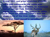 It was 1913 and great stretches of Africa were still unknown to the white man when Stewart Edward White, an American hunter, set out from Nairobi. Pushing south, he recorded: "We walked for miles over burnt out country... Then I saw the green trees of the river, walked two miles more and found 