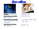 Box-office. Budget 7 000 000 Box-office in the USA 1 142 000 Box-office in the world + alt= 473 548 945 = alt 074 690 945 Box-office in Russia 1 828 370. 0 000 000 0 788 188 + alt= 242 413 080 = alt= 843 201 268  084 138