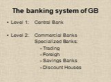 The banking system of GB. Level 1: Central Bank Level 2: Commercial Banks Specialized Banks: - Trading - Foreigh - Savings Banks - Discount Houses