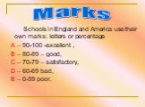 Schools in England and America use their own marks: letters or percentage A – 90-100 -excellent , B – 80-89 – good, C – 70-79 – satisfactory, D – 60-69 bad, E – 0-59 poor. Marks