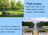Park (парк). Hyde Park is one of the largest parks in central London, United Kingdom. The Park in Peterhof is one of the most beautiful parks in the world.