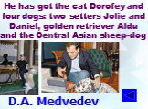 D.A. Medvedev. He has got the cat Dorofey and four dogs: two setters Jolie and Daniel, golden retriever Aldu and the Central Asian sheep-dog
