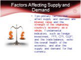 Factors Affecting Supply and Demand. Two primary factors that affect supply and demand are interest rates and the strength of the originating country’s economy as a whole. Fundamental indicators, such as foreign investment, PPI, CPI, GDP, and the trade balance, echo the overall health of the economy
