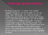 Reducing global warming. Finding a solution to solve the world's biggest environmental problem is not an easy task. Although we need energy to make our economy grow there are things that could be done to fight off this problem. Carpools or travelling by public transport could take many cars off the 
