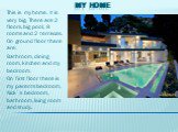 My home. This is my home. It is very big. There are 2 floors, big pool, 8 rooms and 2 terraces. On ground floor there are: Bathroom, dining room, kitchen and my bedroom. On first floor there is my parents bedroom, Nick`s bedroom, bathroom, living room and study.