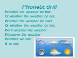 Phonetic drill. Whether the weather be fine Or whether the weather be not, Whether the weather be cold Or whether the weather be hot, We’ll weather the weather Whatever the weather Whether we like It or not.