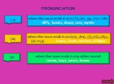PRONUNCIATION [ s]. when the noun ends in a(n) [f],[k], [p], [t] or [Ѳ]. cliffs, books, shops, cats, myths. [iz]. when the noun ends in a(n)[s], [ks], [∫], [t∫], [d3 ], [z] or[3] . buses, foxes, torches, bridges. when the noun ends in any other sound. rooms, boys, pears, leaves. [z]