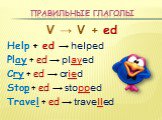 Правильные глаголы. V → V + ed Help + ed → helped Play + ed → played Cry + ed → cried Stop + ed → stopped Travel + ed → travelled