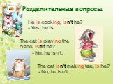 Разделительные вопросы. He is cooking, isn’t he? - Yes, he is. The cat is playing the piano, isn’t he? - No, he isn’t. The cat isn’t making tea, is he? - No, he isn’t.