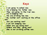 Keys. I am going to school now. He is helping his father now. They are going to the river now. He is sleeping now. We are drinking tea now. My mother isn’t working at the office now. Are you working now? I am not sleeping now. What are you doing now? Where are they going now? She is not drinking cof