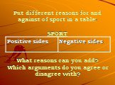 Put different reasons for and against of sport in a table: SPORT What reasons can you add? Which arguments do you agree or disagree with?