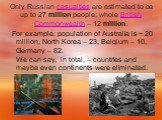 Only Russian casualties are estimated to be up to 27 million people; whole British Commonwealth – 12 million. For example: population of Australia is ~ 20 million, North Korea – 23, Belgium – 10, Germany – 82. We can say,  in total, – countries and maybe even continents were eliminated.