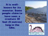 It is well-known for its monster. Some people claim to have seen a creature 30 feet (9 metres) long in the lake.