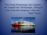 “The Great Mississippi, the majestic , the magnificent Mississippi, rolling its mile-wide tide shipping in the sun.” Mark Twain.