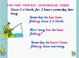 THE PAST PERFECT CONTINUOUS TENSE. Since 3 o’clock, for 2 hours yesterday, how long. Yesterday he has been fishing since 3 o’clock. How long has he been fishing? Yesterday he hasn’t been fishing since morning.