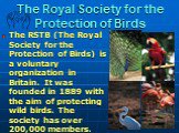 The Royal Society for the Protection of Birds. The RSTB (The Royal Society for the Protection of Birds) is a voluntary organization in Britain. It was founded in 1889 with the aim of protecting wild birds. The society has over 200,000 members.