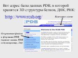 Вот адрес базы данных PDB, в которой хранятся 3D структуры белков, ДНК, РНК: http://www.rcsb.org/ Ключевое слово. Сохранение файла в формате PDB (нужно знать PDB код, например, 2trt)