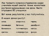 Мы провели микроисследование среди учеников нашей школы. Какие комнатные растения выращиваем мы дома. Было опрошено 50 учащихся. Вот какие результаты у нас получились. В наших домах растут: алоэ; амарилис; герань; сансевьера;	бегония; декабрист; бальзамин;	гиппеаструм;	кактус; кротон; хлорофитум;	фи