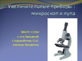 Увеличительные приборы : микроскоп и лупа. МКОУ СОШ с.п.п.Звездный Старовойтова О.А. учитель биологии