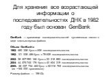 Для хранения все возрастающей информации о последовательностях ДНК в 1982 году был основан GenBank. GenBank — хранилище последовательностей нуклеиновых кислот в виде компьютерных файлов Объем GenBank’а: 1982: 680 338 букв в 606 последовательностях 1992: 101 008 486 букв в 78 608 последовательностях 