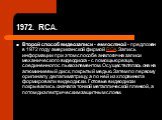 1972. RCA. Второй способ видеозаписи - емкостной - предложен в 1972 году американской фирмой RCA. Запись информации при этом способе аналогична записи механического видеодиска - с помощью резца, соединенного с пьезоэлементом. Осуществлялась она на алюминиевый диск, покрытый медью. Затем по первому о