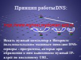 Принцип работы DNS: 1 2 3 4. Искать нужный компьютер в Интернете пользовательским машинам помогают DNS-серверы - программы, которые при обращении к ним выискивают нужный IP-адрес по введенному URL.