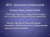 DNS - доменная система имен. Domain Name System (DNS) DNS преобразует цифровой IP-адрес хоста (компьютера) в набор символов. Домен - группа сетевых ресурсов, имеющая собственное имя и управляемая своей сетевой станцией.
