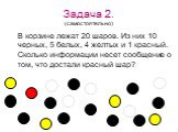 Задача 2. (самостоятельно). В корзине лежат 20 шаров. Из них 10 черных, 5 белых, 4 желтых и 1 красный. Сколько информации несет сообщение о том, что достали красный шар?