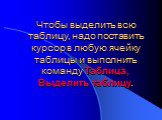 Чтобы выделить всю таблицу, надо поставить курсор в любую ячейку таблицы и выполнить команду Таблица, Выделить таблицу.