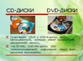 CD-ДИСКИ DVD-ДИСКИ. Существуют CD-R и DVD-R-диски (R-записываемый), которые имеют возможность однократной записи. На CD-RW, DVD-RW-диски (RW-перезаписываемый) информация может быть записана многократно.
