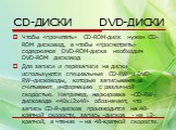 Чтобы «прочитать» CD-ROM-диск нужен CD-ROM дисковод, а чтобы «просмотреть» содержимое DVD-ROM-диска необходим DVD-ROM дисковод Для записи и перезаписи на диски используются специальные CD-RW и DVD-RW–дисководы, которые записывают и считывают информацию с различной скоростью. Например, маркировка –CD