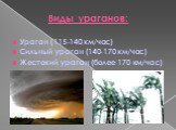 Виды ураганов: Ураган (115-140 км/час) Сильный ураган (140-170 км/час) Жестокий ураган (более 170 км/час)