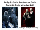 Antiquity Goth, Renaissance Goth, Romantic Goth, Victorian Goth. Androgyn Goth (бесполость)