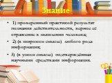 Знание. 1) проверенный практикой результат познания действительности, верное её отражение в мышлении человека; 2) (в широком смысле) любого рода информация; 3) (в узком смысле) подтверждённая научными средствами информация.