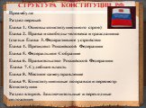 СТРУКТУРА КОНСТИТУЦИИ РФ. Преамбула Раздел первый Глава 1. Основы конституционного строя) Глава 2. Права и свободы человека и гражданина (статьи Глава 3. Федеративное устройство Глава 4. Президент Российской Федерации Глава 5. Федеральное Собрание Глава 6. Правительство Российской Федерации Глава 7.