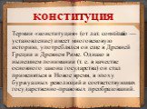 Термин «конституция» (от лат. constitutio — установление) имеет многовековую историю, употреблялся он еще в Древней Греции и Древнем Риме. Однако в нынешнем понимании (т. е. в качестве основного закона государства) он стал применяться в Новое время, в эпоху буржуазных революций и соответствующих гос