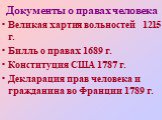 Документы о правах человека. Великая хартия вольностей 1215 г. Билль о правах 1689 г. Конституция США 1787 г. Декларация прав человека и гражданина во Франции 1789 г.