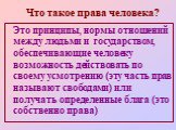 Что такое права человека? Это принципы, нормы отношений между людьми и государством, обеспечивающие человеку возможность действовать по своему усмотрению (эту часть прав называют свободами) или получать определенные блага (это собственно права)