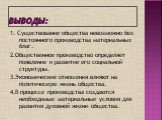 Выводы: 1. Существование общества невозможно без постоянного производства материальных благ. 2.Общественное производство определяет появление и развитие его социальной структуры. 3.Экономические отношения влияют на политическую жизнь общества. 4.В процессе производства создаются необходимые материал