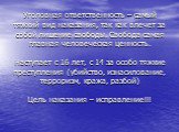 Уголовная ответственность – самый тяжкий вид наказания, так как влечет за собой лишение свободы. Свобода самая главная человеческая ценность. Наступает с 16 лет, с 14 за особо тяжкие преступления (убийство, изнасилование, терроризм, кража, разбой) Цель наказания – исправление!!!