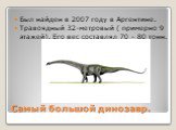 Самый большой динозавр. Был найден в 2007 году в Аргентине. Травоядный 32-метровый ( примерно 9 этажей). Его вес составлял 70 – 80 тонн.