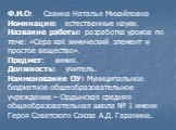 Ф.И.О: Савина Наталья Михайловна Номинация: естественные науки. Название работы: разработка уроков по теме: «Сера как химический элемент и простое вещество». Предмет: химия. Должность: учитель. Наименование ОУ: Муниципальное бюджетное общеобразовательное учреждение – Ордынская средняя общеобразовате