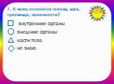 7. К чему относится голова, шея, туловище, конечности? внутренние органы внешние органы части тела не знаю