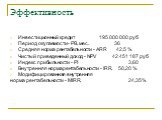 Эффективность. Инвестиционный кредит 195 000 000 руб Период окупаемости - PB, мес. 36 Средняя норма рентабельности - ARR 42,5 % Чистый приведенный доход - NPV 42 451 187 руб Индекс прибыльности - PI 3,60 Внутренняя норма рентабельности - IRR, 50,20 % Модифицированная внутренняя норма рентабельности 