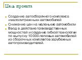 Цель проекта. Создание автосборочного комплекса «малолитражных» автомобилей Снижение цен на маленькие автомобили Ввод в действие производственных мощностей и создание гибкой технологии по выпуску 10 000 легковых автомобилей из сборочных комплектов зарубежных автопроизводителей.