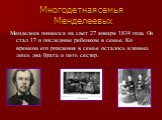 Многодетная семья Менделеевых. Менделеев появился на свет 27 января 1834 года. Он стал 17 и последним ребенком в семье. Ко времени его рождения в семье осталось в живых лишь два брата и пять сестер.