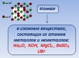 Ионная. в сложных веществах, состоящих из атомов металлов и неметаллов: Na2O, KOH, MgCl2 , BaSO4, LiBr