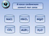 В каких соединениях ионный тип связи. NaCL CO2 ALBr3 H2O MgO HNO3