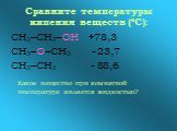 Сравните температуры кипения веществ (ºС): СН3–СН2–ОН +78,3 СН3–О–СН3 - 23,7 СН3–СН3 - 88,6 Какое вещество при комнатной температуре является жидкостью?