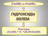 ГИДРОКСИДЫ ЖЕЛЕЗА. Fe(OH)2 и Fe(OH)3. Окисление: 4Fe(OH)2+ O2 +2H2O=4Fe(OH)3